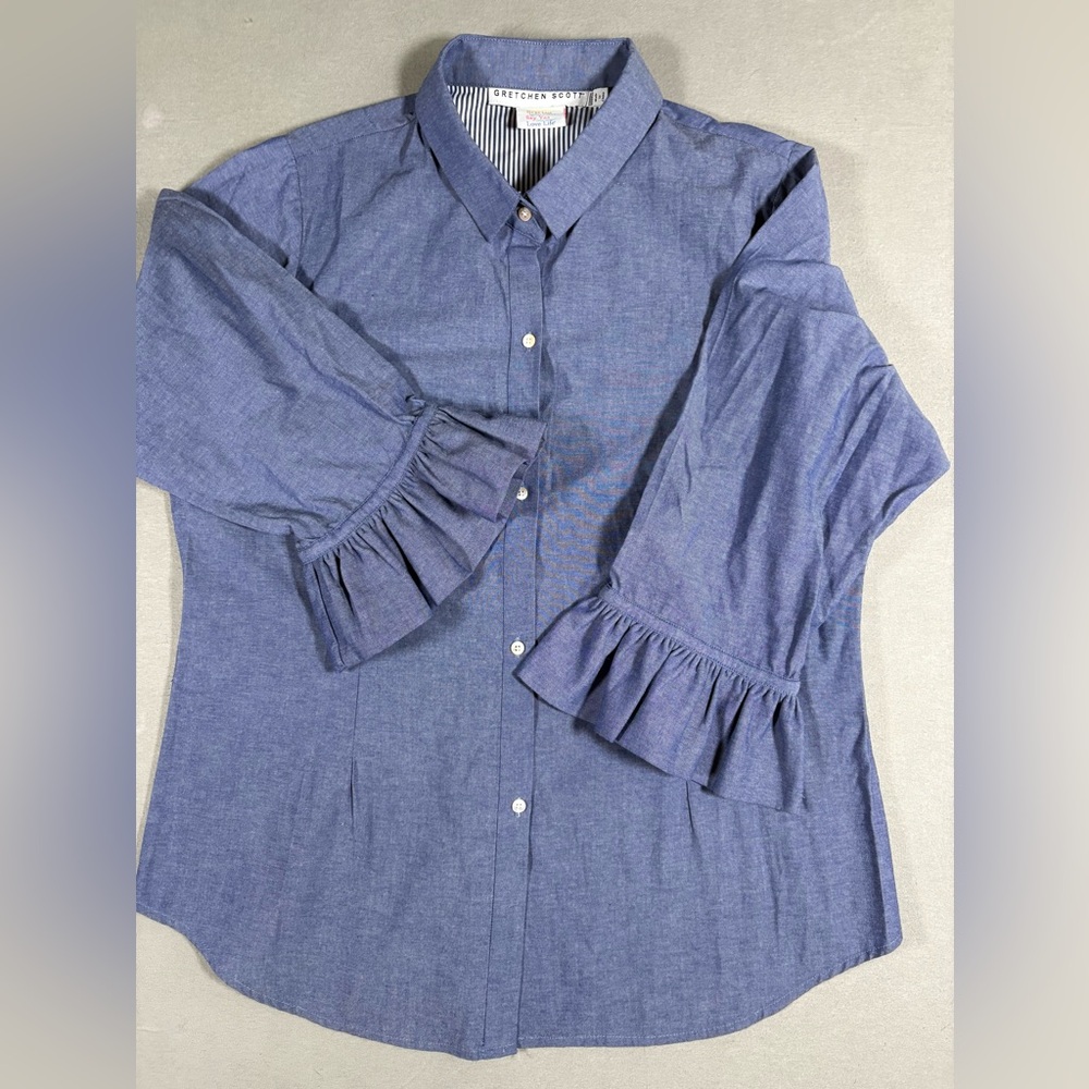 Gretchen Scott Cotton Blend Ruffle Sleeve Chambray Button Up Blouse XXL